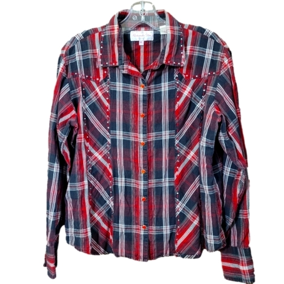 Panhandle Slim red plaid snap front shirt with rhinestone metallic detail - Picture 1 of 7